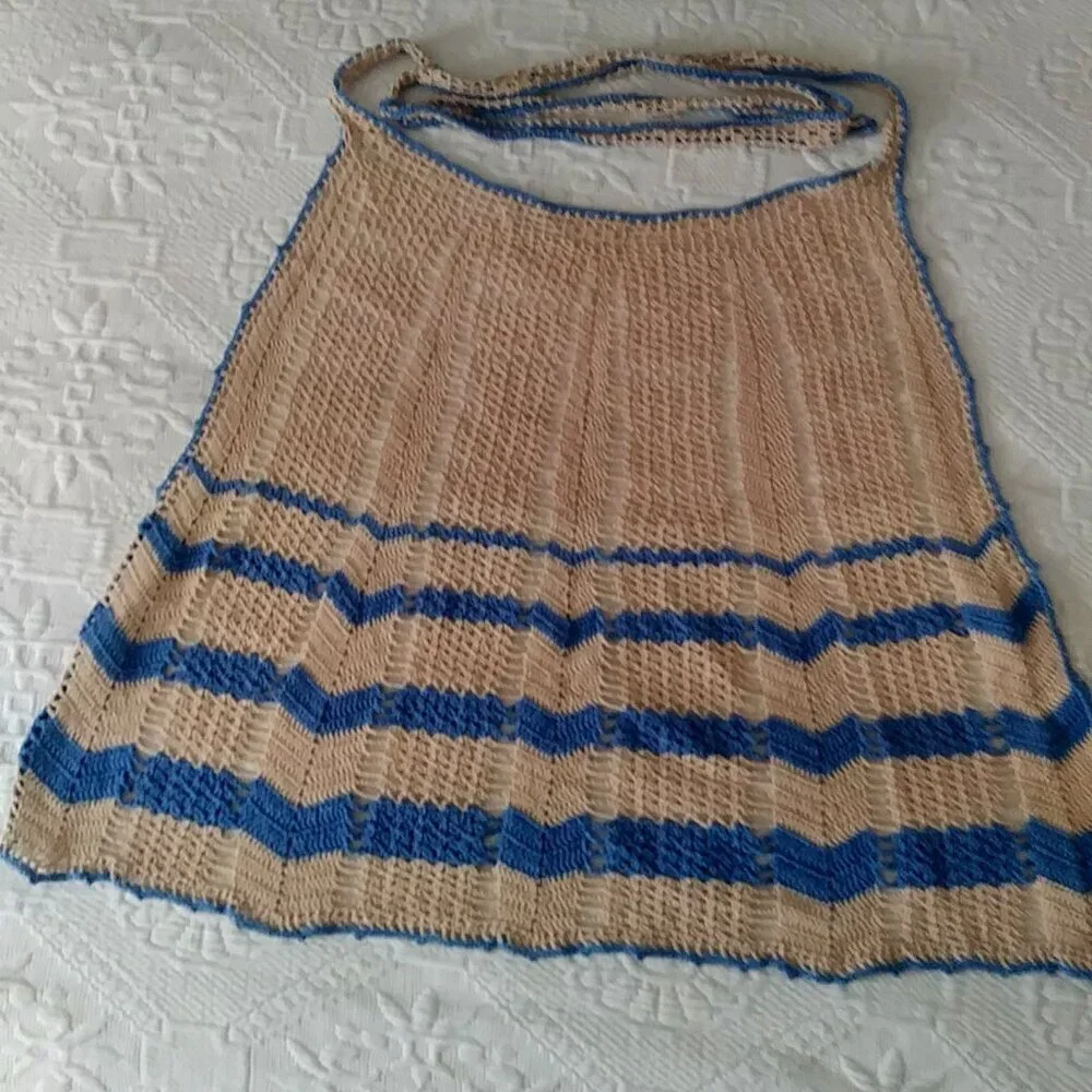 Vintage 1950s Hand Crocheted Hostess Half Aprons - Blue and White and Multicolor